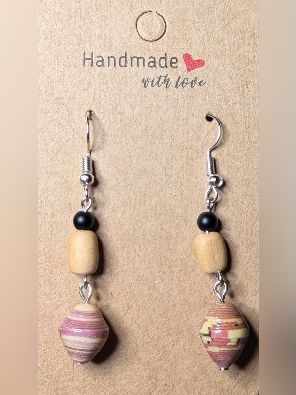 Handmade Women’s Dangle Earrings in Natural Wood and Pink Shell Beads